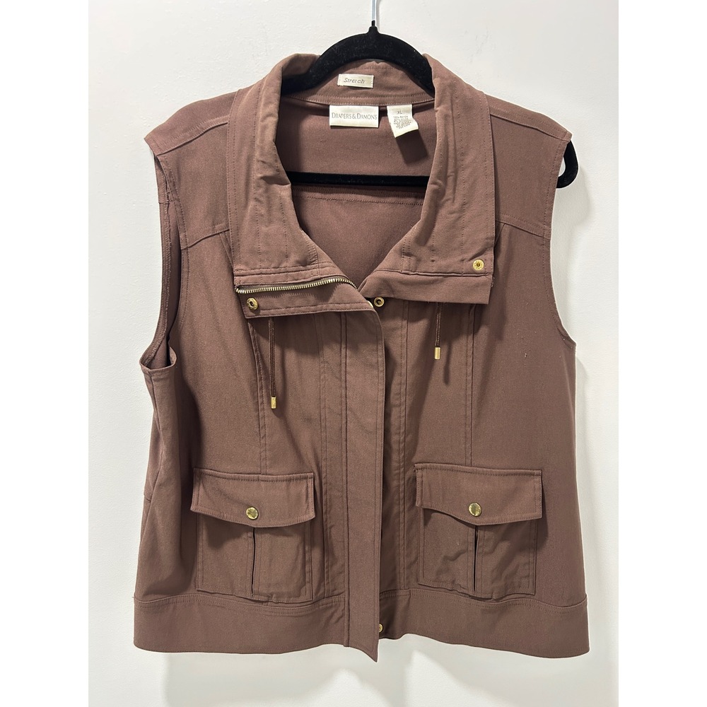 Drapers & Damons Womens XL Brown Utility Vest Stretch Zip Front Cargo Pockets